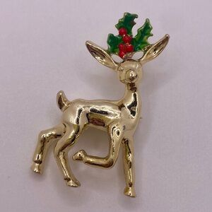 Vintage Gerry’s Reindeer Silvertone Scatter Pin with Holly Sprig – 1.5”